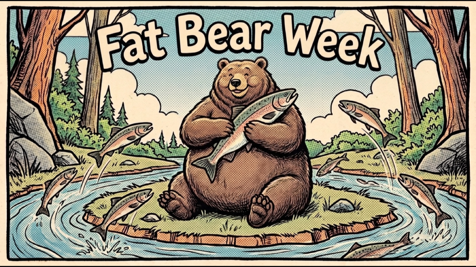 RUN.labs Fat Bear Week: a huge happy brown bear by a salmon river in autumn with a bold Fat Bear Week title