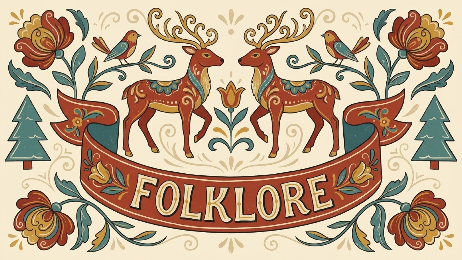 RUN.labs Folklore week: an enchanted storybook forest with folk-tale creatures and a glowing FOLKLORE title