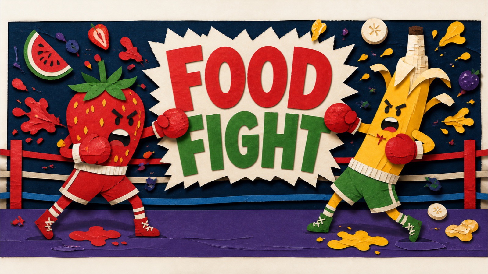 RUN.labs Food Fight week: a papercraft boxing strawberry and banana squaring off in a ring under a jagged FOOD FIGHT title, fruit splattering everywhere