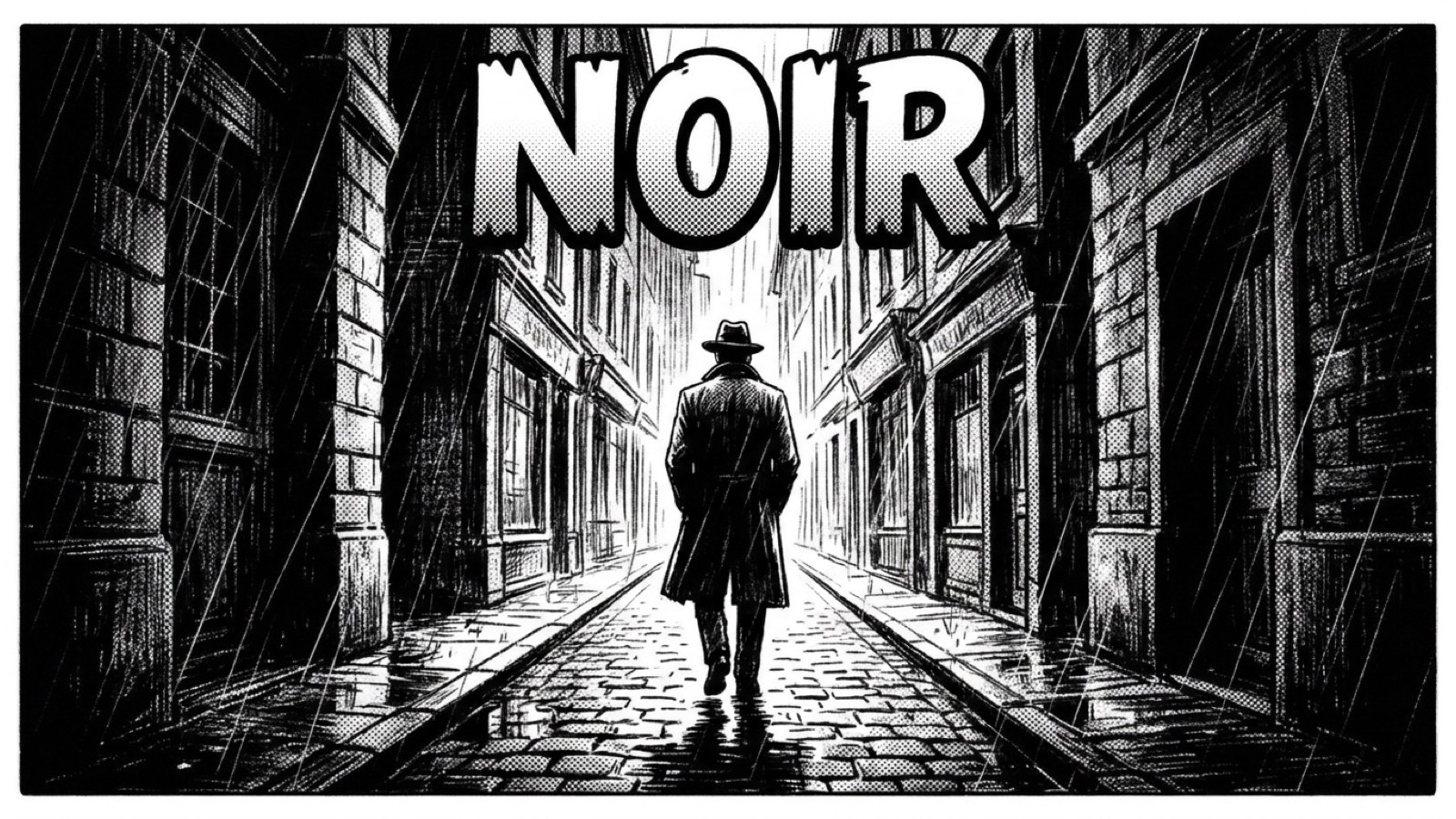 RUN.labs Noir week: a rain-slicked city street at night, a trench-coated detective under a streetlight, venetian-blind shadows, and a bold NOIR title in film-noir black and white