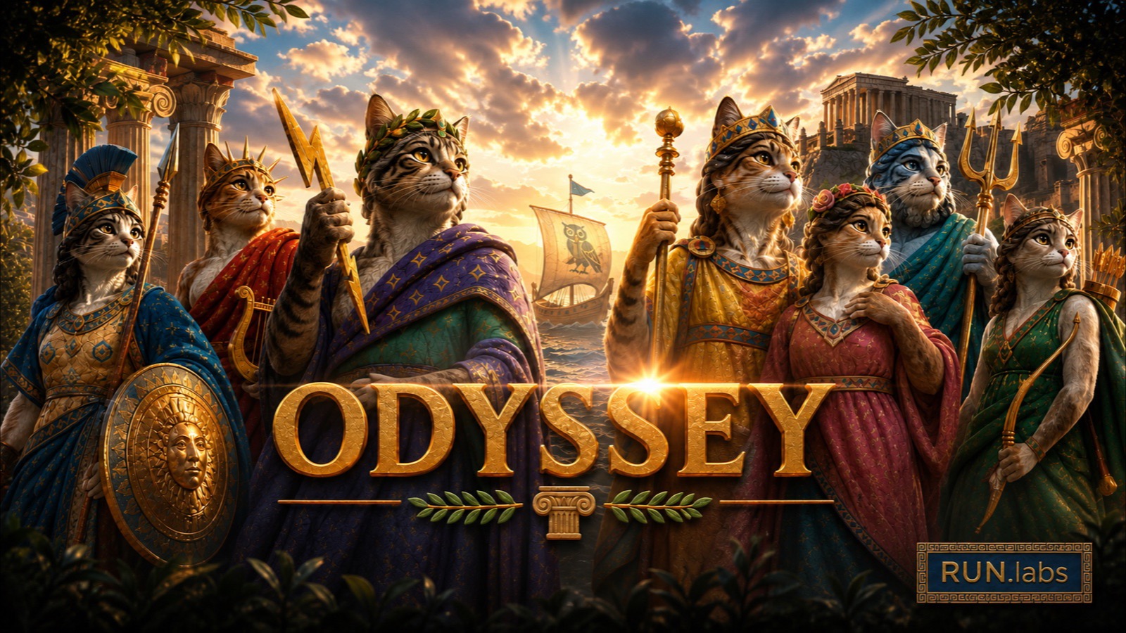 RUN.labs Odyssey week: a pantheon of Greek gods and goddesses gathered before a marble temple at golden hour, one raising a thunderbolt, a sailing ship on the sea behind them, under a glowing ODYSSEY banner
