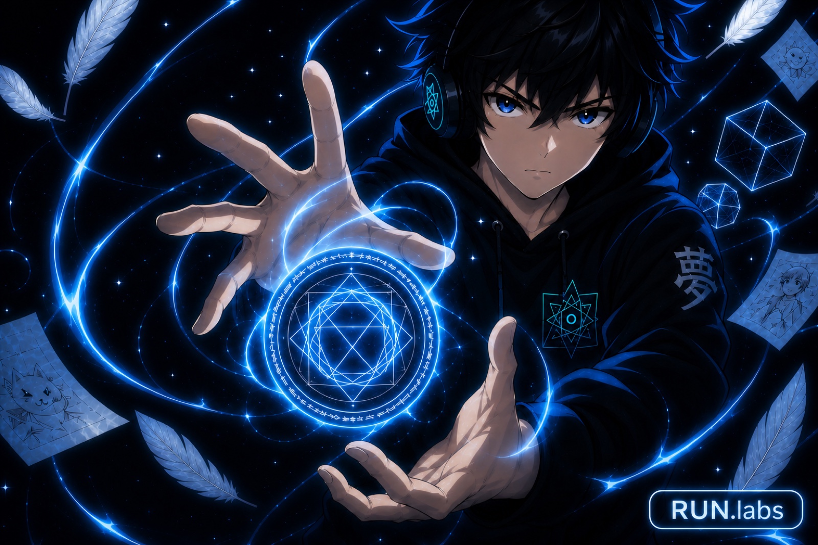 RUN.labs Anime week: a hooded figure conjures a glowing summoning circle, surrounded by feathers and floating character sketches
