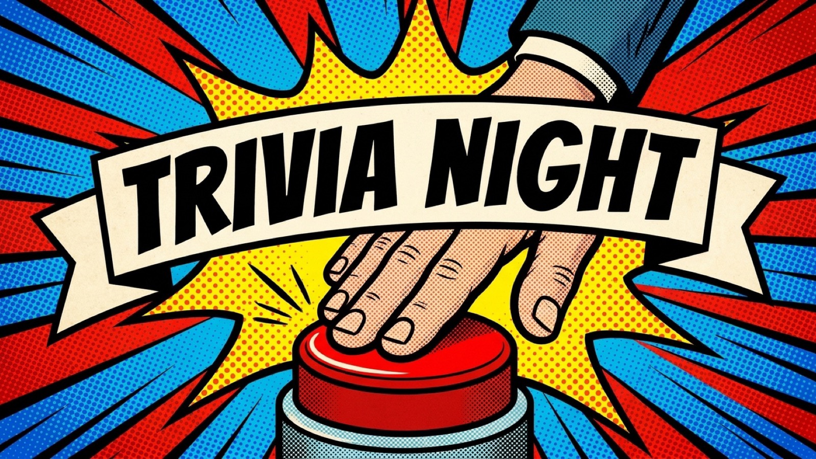 RUN.labs Trivia Night week: a lively pub-quiz / game-show scene with question marks, a buzzer, and a bold TRIVIA NIGHT title