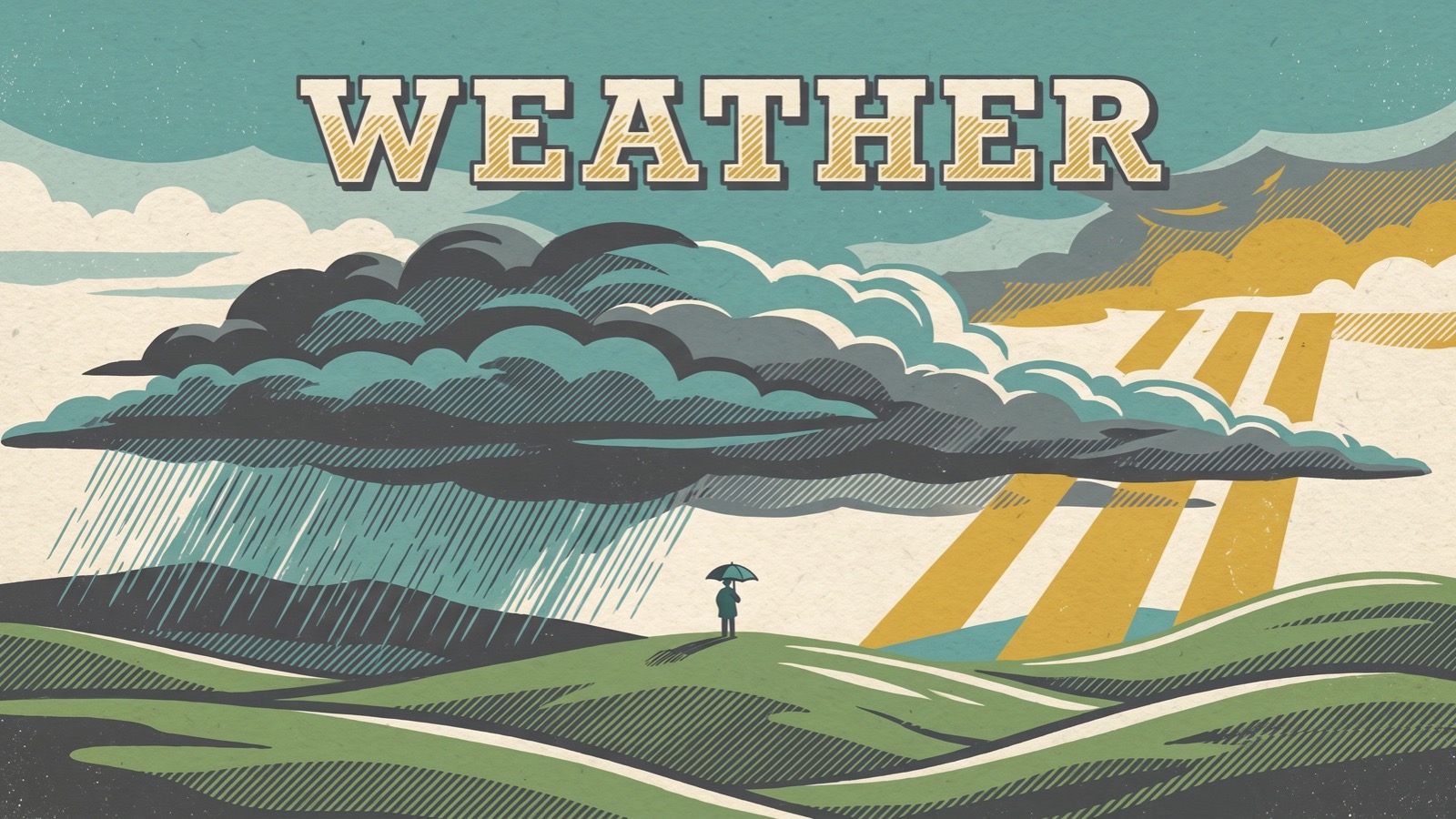 RUN.labs Weather week: a dramatic sky with storm clouds, rain, and sunshine around a bold Weather title